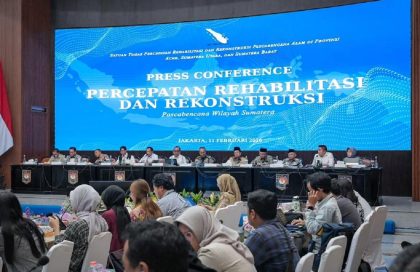 konferensi pers Satuan Tugas Rehabilitasi dan Rekonstruksi di Jakarta pada Rabu (11/02/2026).
